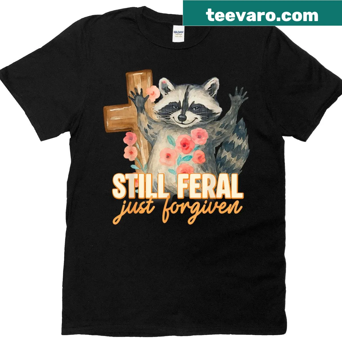 Vintage Christian T-shirt with a raccoon and cross illustration — on a men's t-shirt