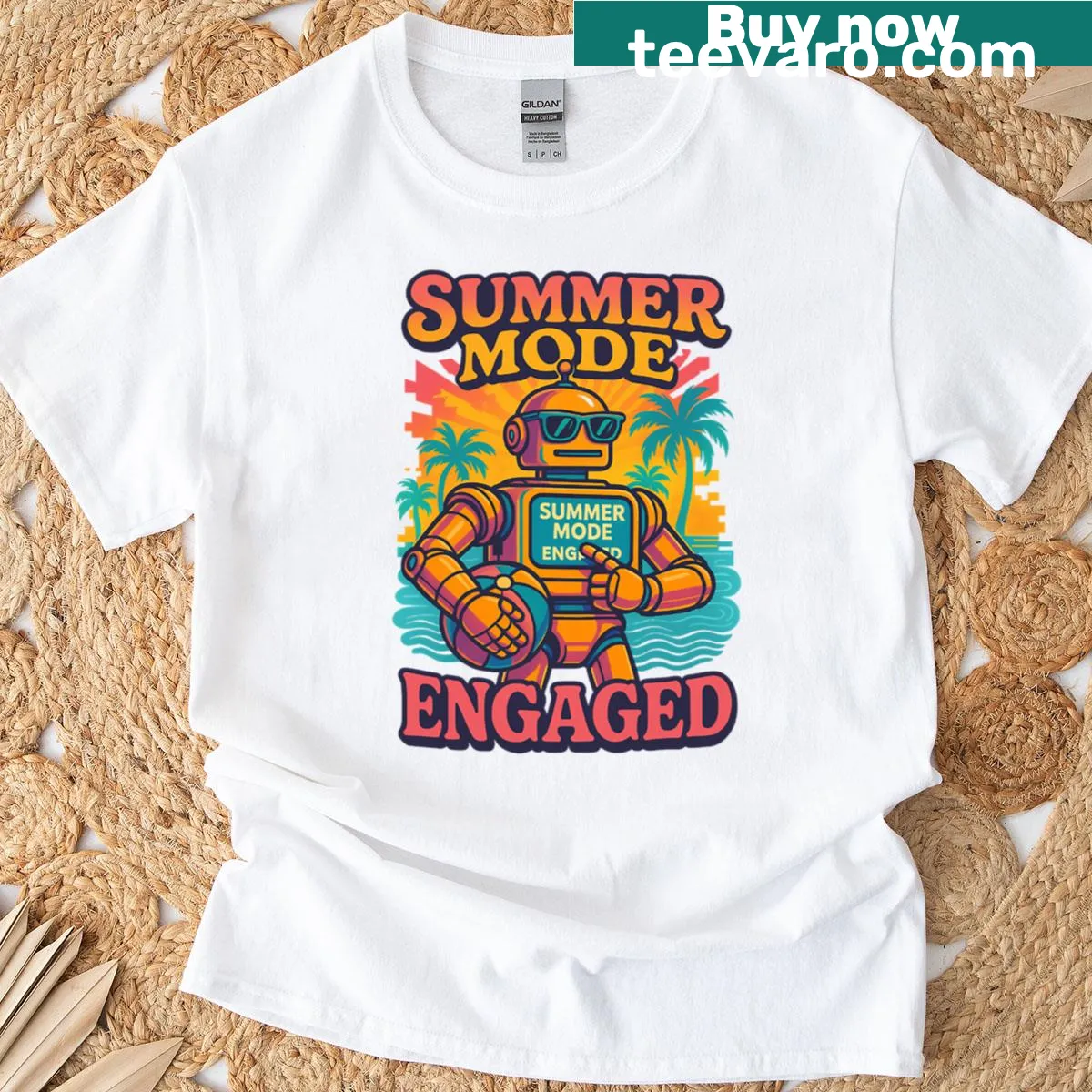 Playful graphic with the phrase Summer Mode Engaged. — on a men's t-shirt