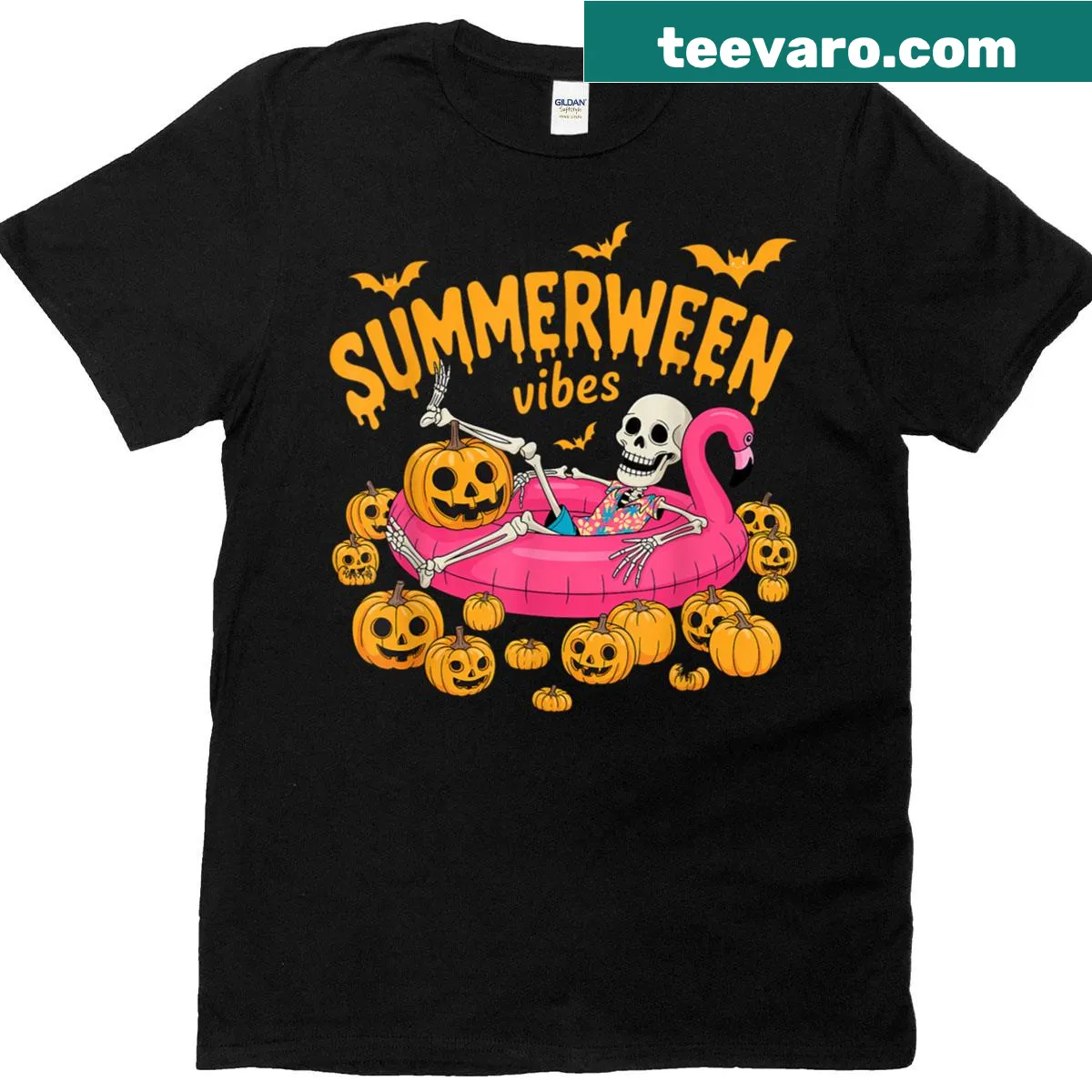 Summerween themed t-shirt with skeleton and pumpkin illustration — on a men's t-shirt