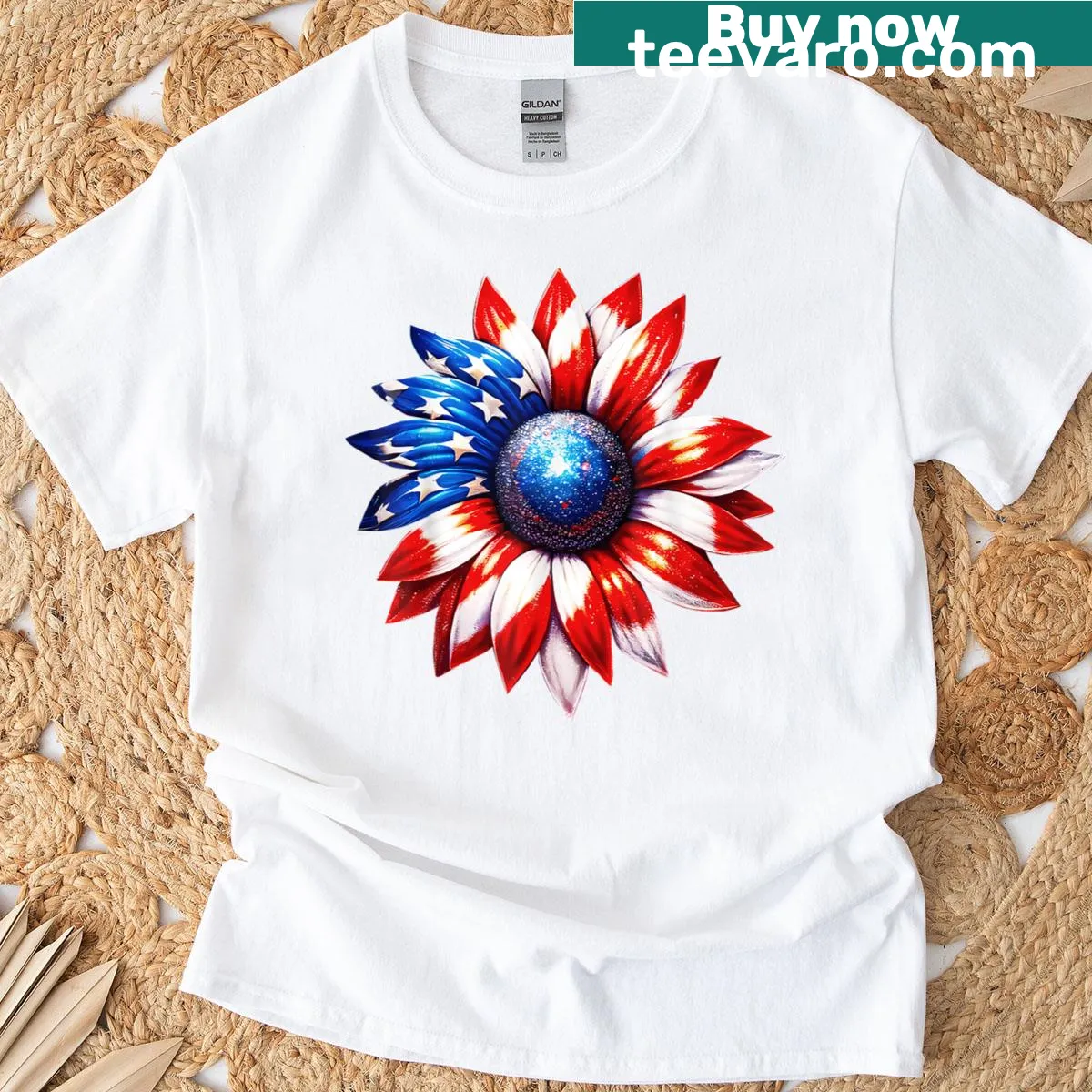 Illustrative sunflower design alongside the American flag for 4th of July. — on a men's t-shirt