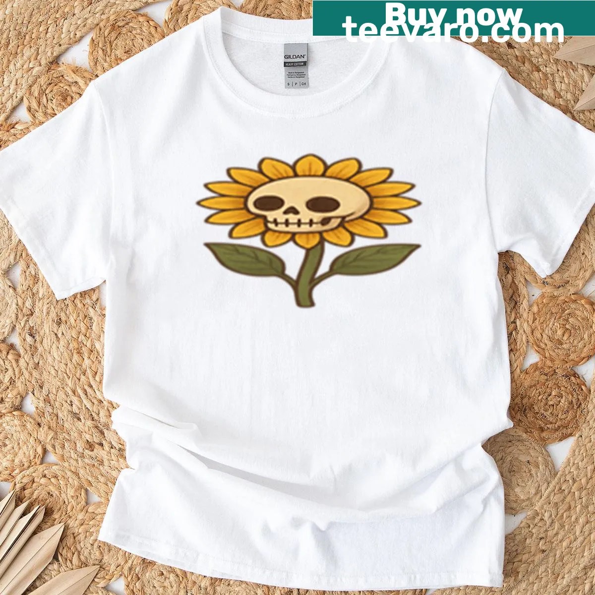 Cartoon sunflower skull design for a cute yet creepy vibe — on a men's t-shirt