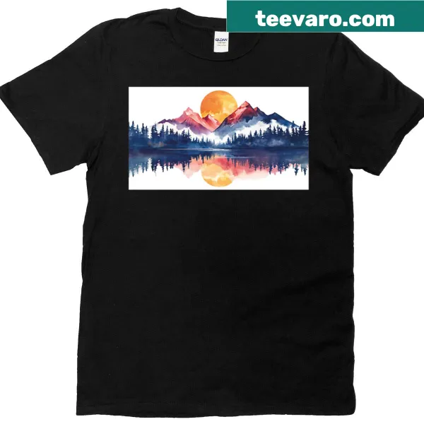 Illustrated T-shirt depicting a sunset over mountains