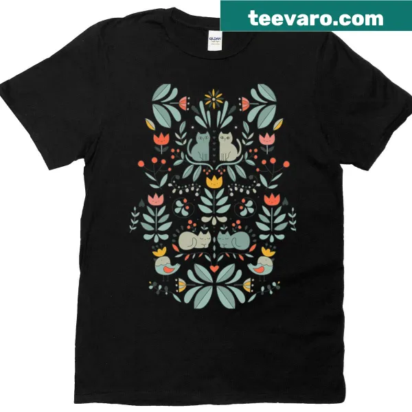 Illustration of whimsical Swedish folk art cats on T-shirt