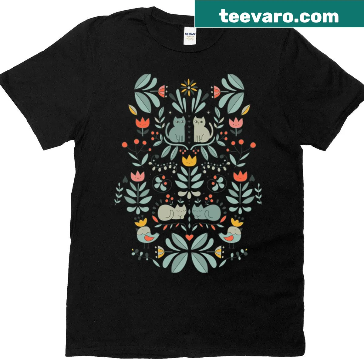 Illustration of whimsical Swedish folk art cats on T-shirt — on a men's t-shirt