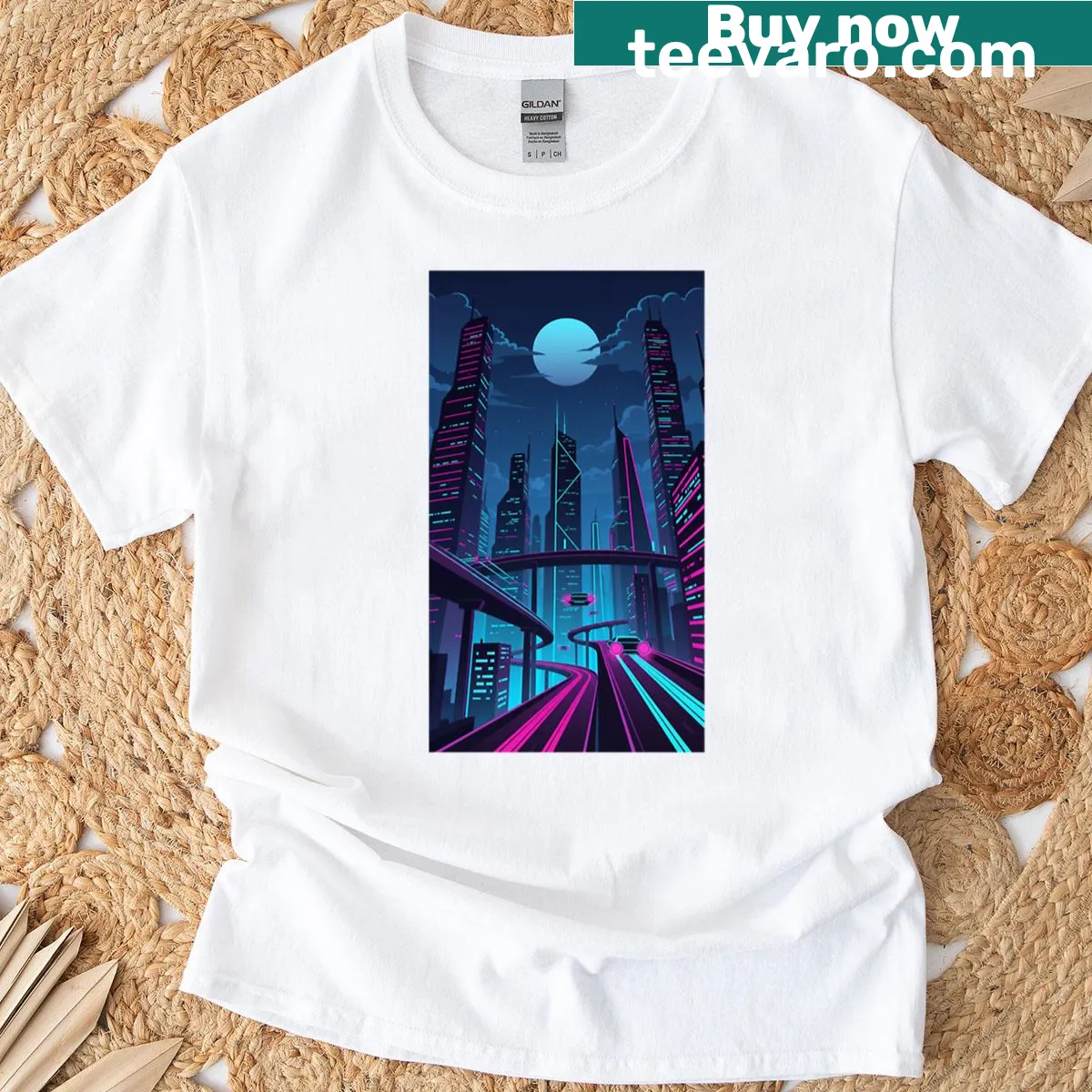 Retro cityscape design inspired by synthwave aesthetics — on a men's t-shirt