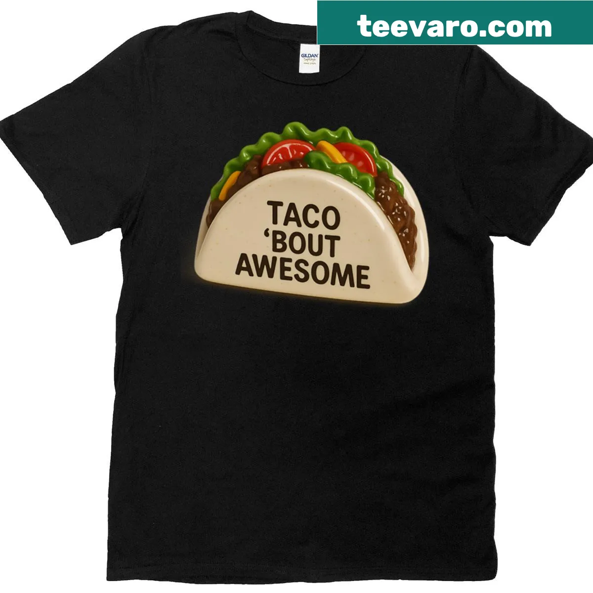 Witty taco-themed t-shirt with the phrase 'Taco Bout Awesome' — on a men's t-shirt
