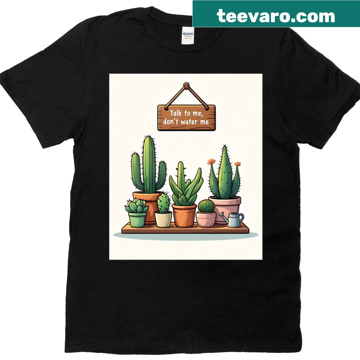 Cute succulent plants art with the phrase 'Talk to me, don't water me' on a T-shirt — on a men's t-shirt