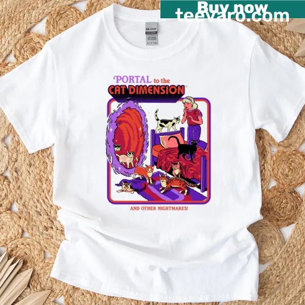 Cartoon graphic of adventurous cats exploring a whimsical dimension.