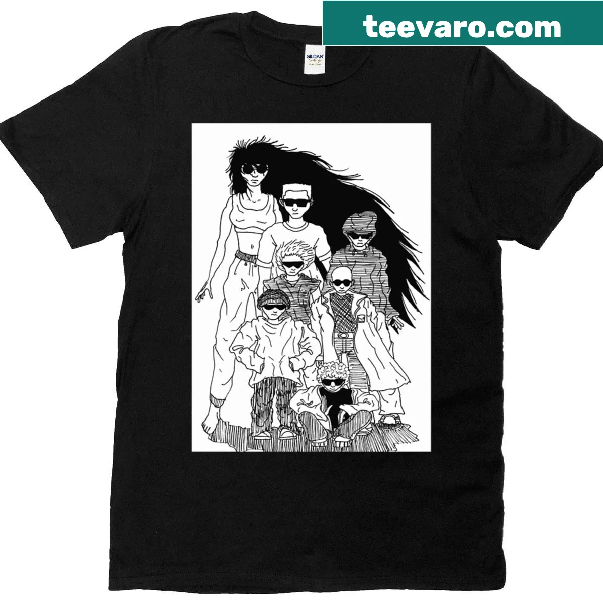 Black and white drawing T-shirt featuring a family scene — on a men's t-shirt