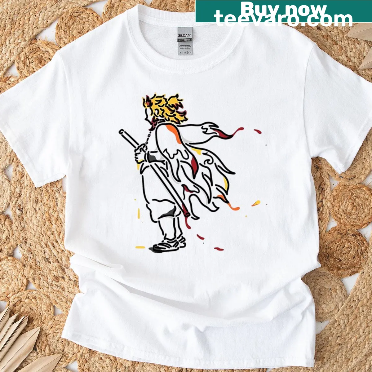 Illustration of the Flame Man surrounded by flames — on a men's t-shirt