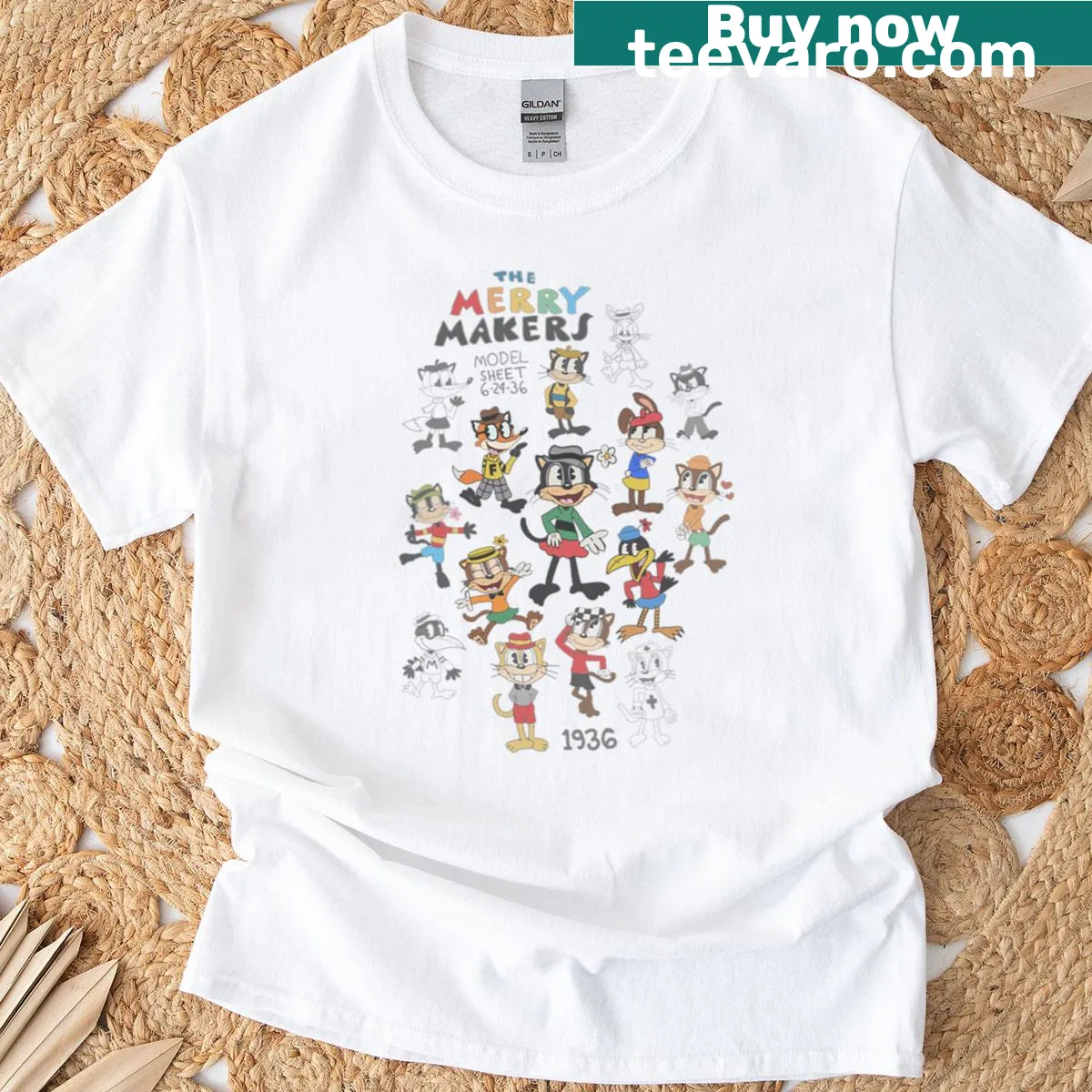 Cartoon graphic from the Merry Makers model sheet on a T-shirt — on a men's t-shirt
