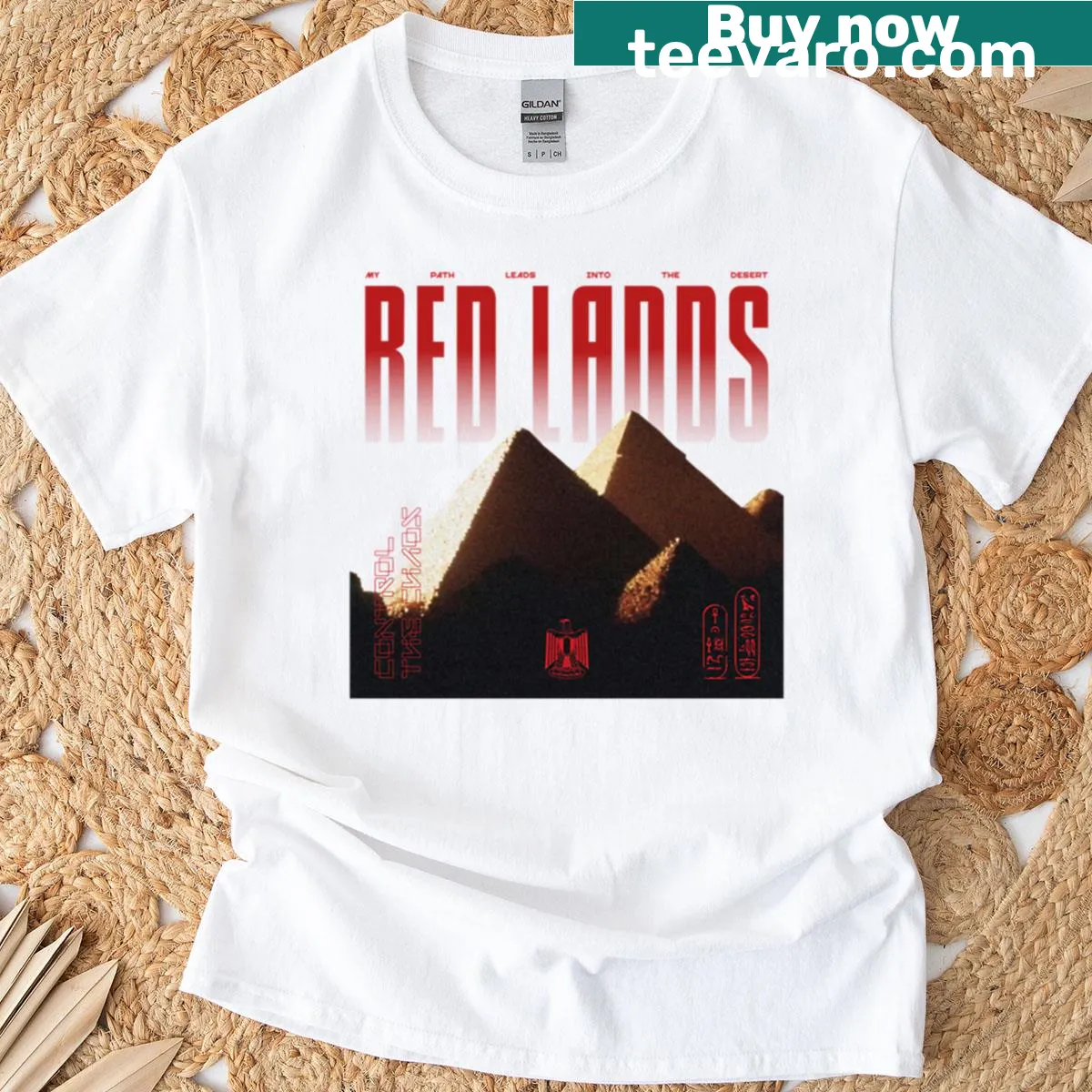 Text design inspired by the Red Lands on an oversized T-shirt — on a men's t-shirt