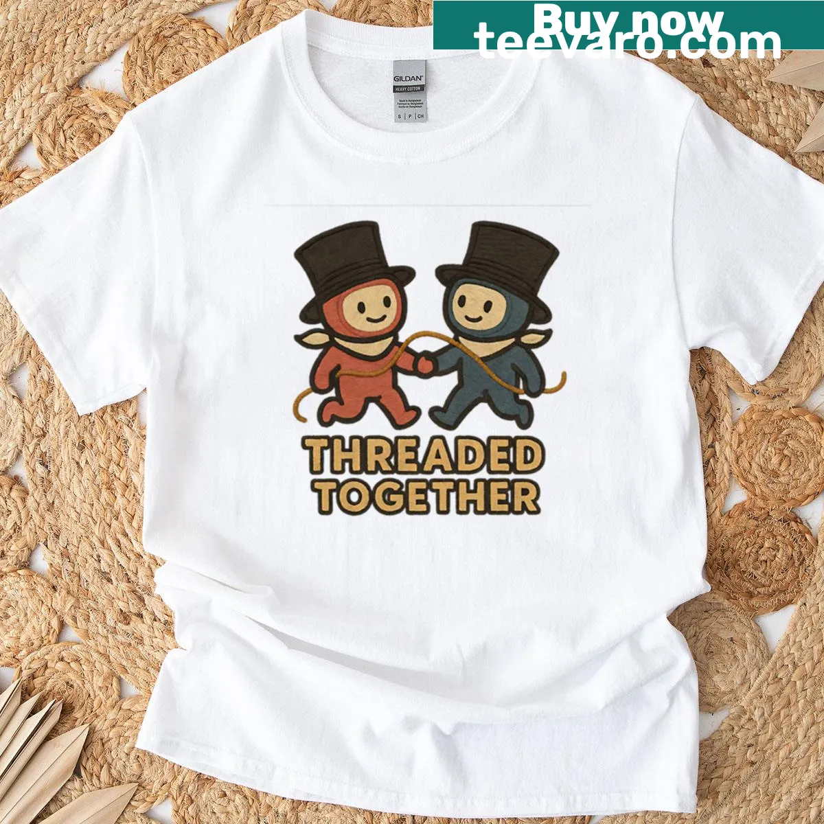 Embroidered couple graphic with matching rope design on t-shirt — on a men's t-shirt
