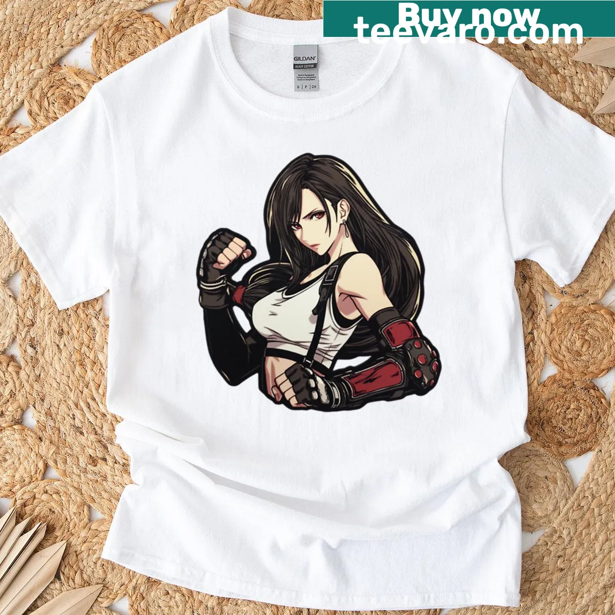 Vintage-style T-shirt featuring a patch design of Tifa from gaming. — on a men's t-shirt