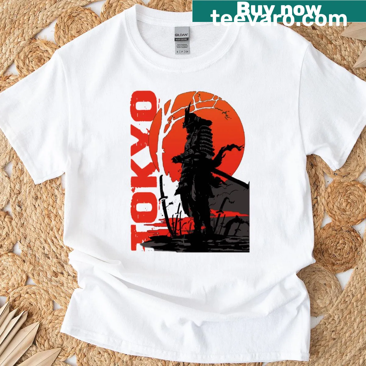 Samurai warrior sunset design on t-shirt representing Bushido aesthetics — on a men's t-shirt