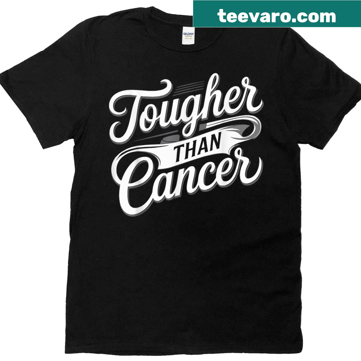 Inspirational T-shirt with 'Tougher Than Cancer' text — on a men's t-shirt