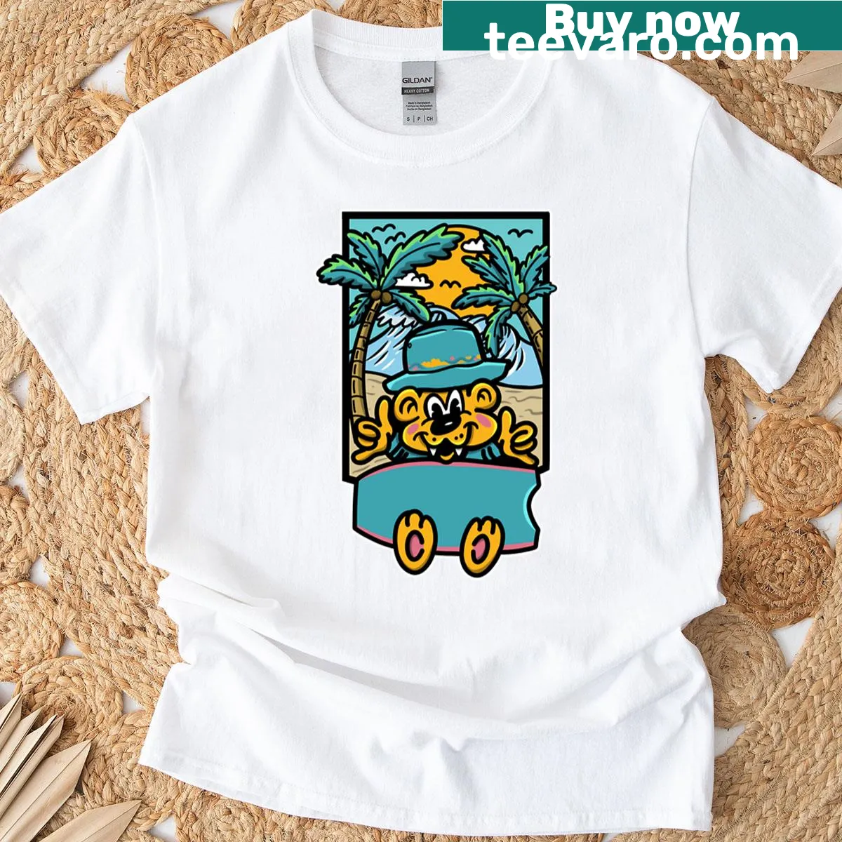 Cartoon bear on a bodyboard design for kids' tropical t-shirt — on a men's t-shirt