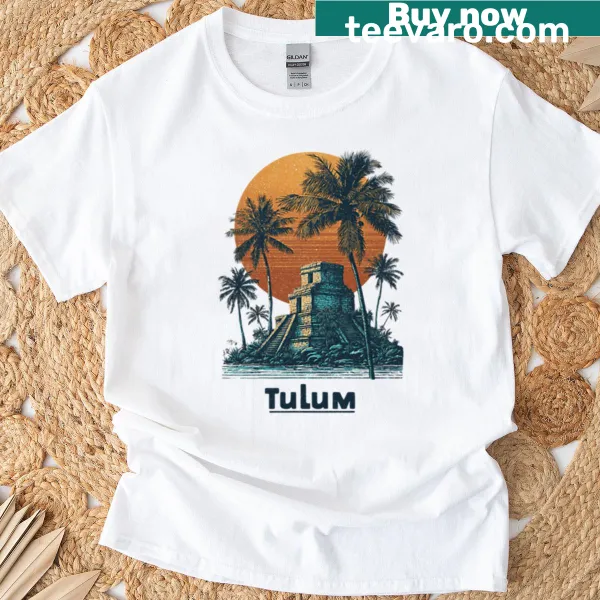 Illustrated T-shirt featuring Tulum sunset and pyramid