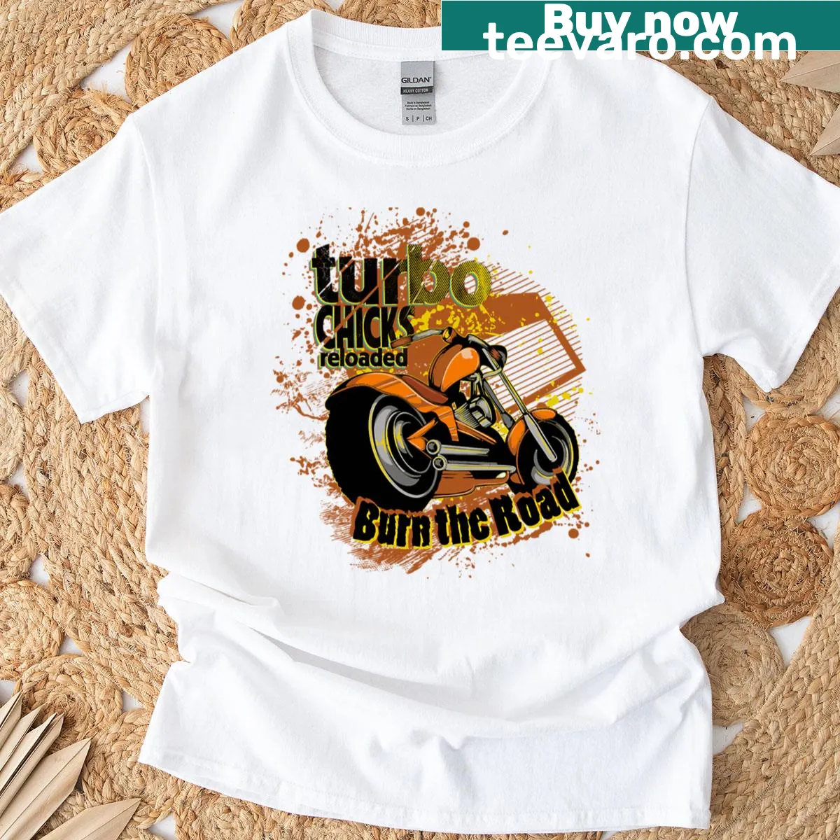 Bold illustration of Turbo Chicks on a dynamic road adventure. — on a men's t-shirt