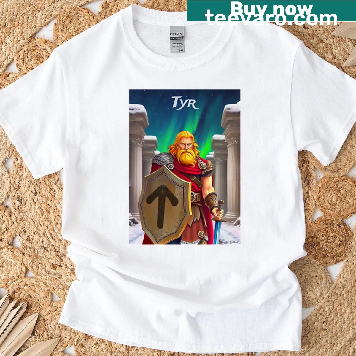 Minimalist silhouette design of Tyr on T-shirt — on a men's t-shirt