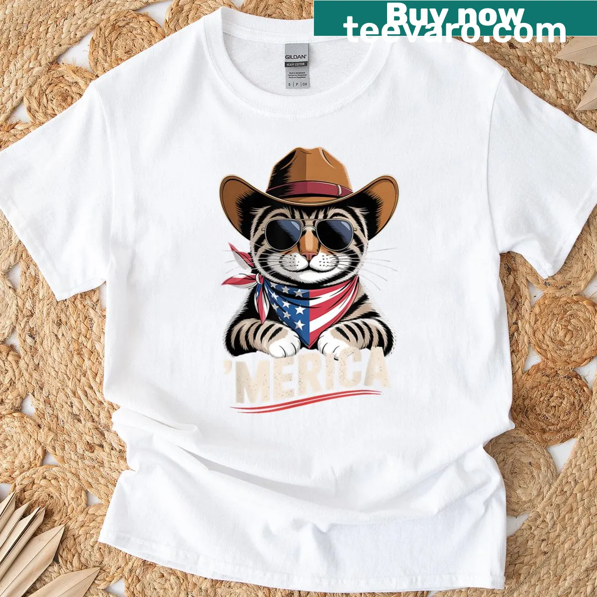 Cartoon cat with American flag for Fourth of July — on a men's t-shirt