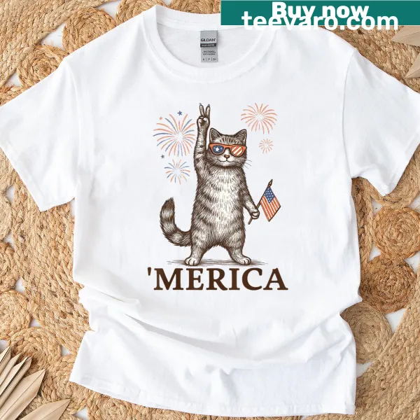 Patriotic cat t-shirt featuring an illustrated cat with the American flag