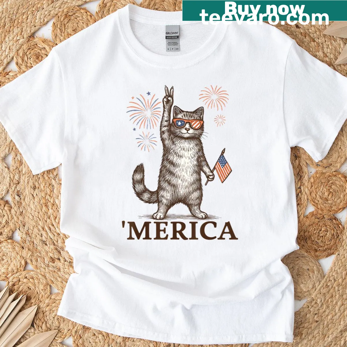 Patriotic cat t-shirt featuring an illustrated cat with the American flag — on a men's t-shirt