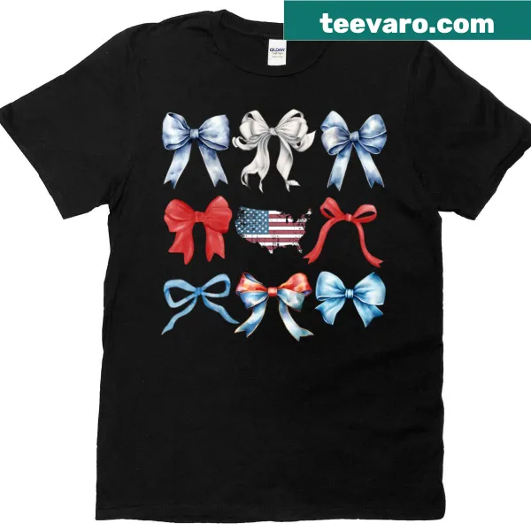 Cute t-shirt with illustrated patriotic bows for a fun USA look.