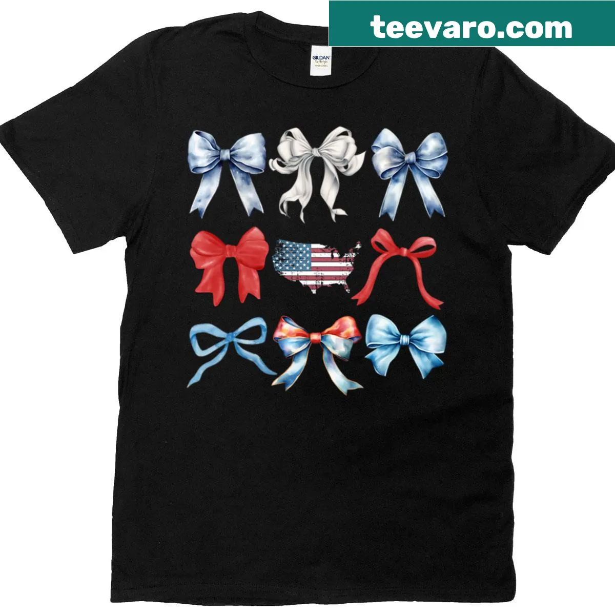 Cute t-shirt with illustrated patriotic bows for a fun USA look. — on a men's t-shirt