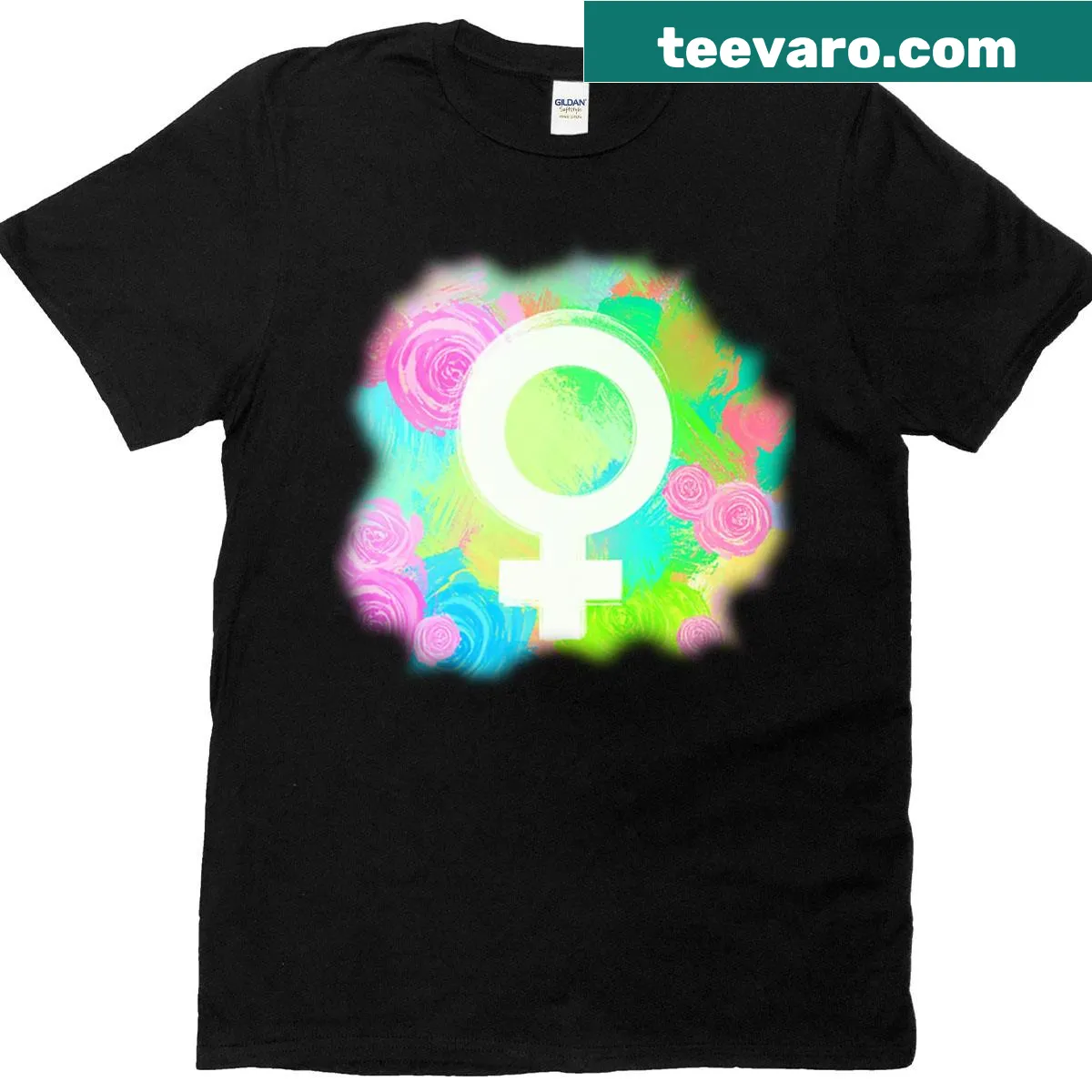 Whimsical Venus symbol and abstract roses graphic on t-shirt — on a men's t-shirt