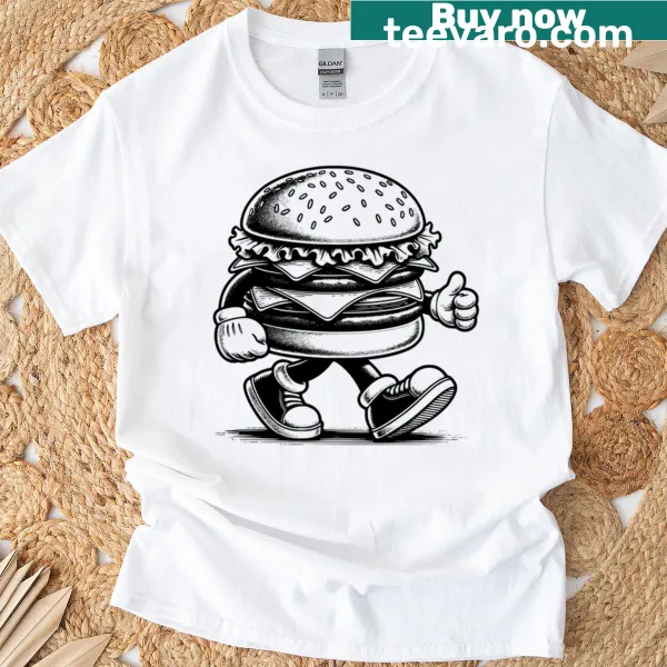 Cartoon Vintage Burger Mascot T-shirt with a cheerful design