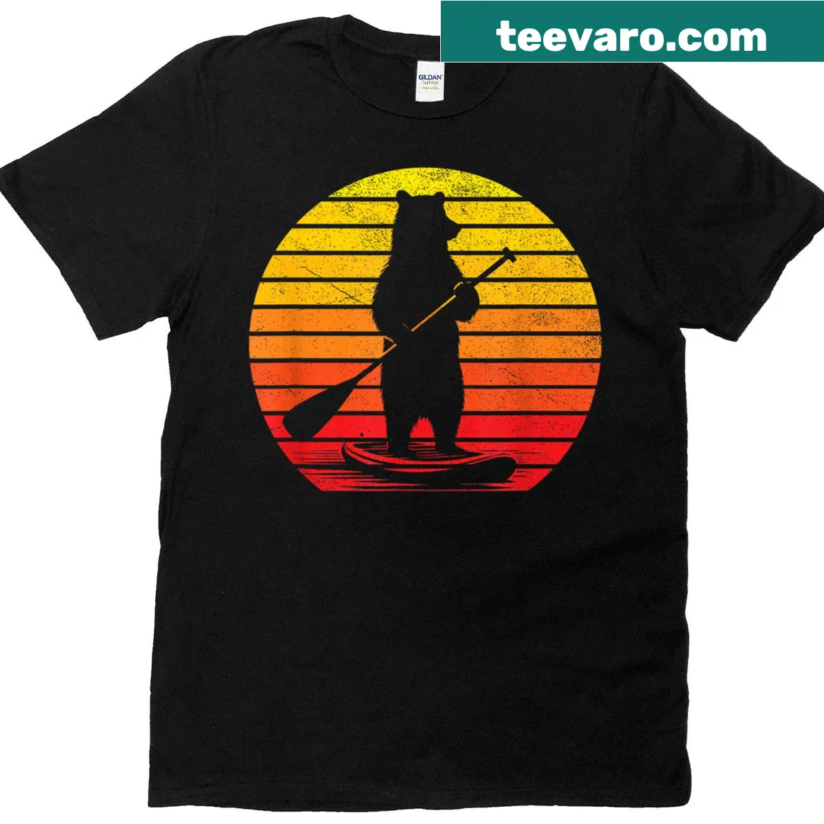 Vintage T-shirt featuring a bear paddle boarding in a playful design — on a men's t-shirt