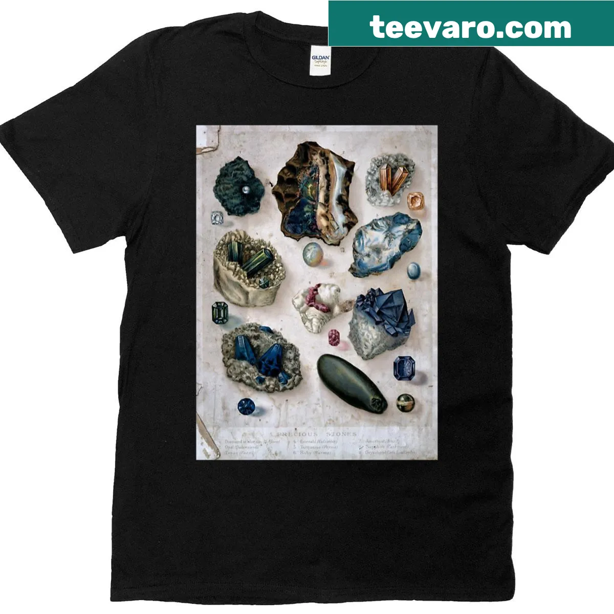 Vintage gemstone chart design on a T-shirt for geology lovers — on a men's t-shirt