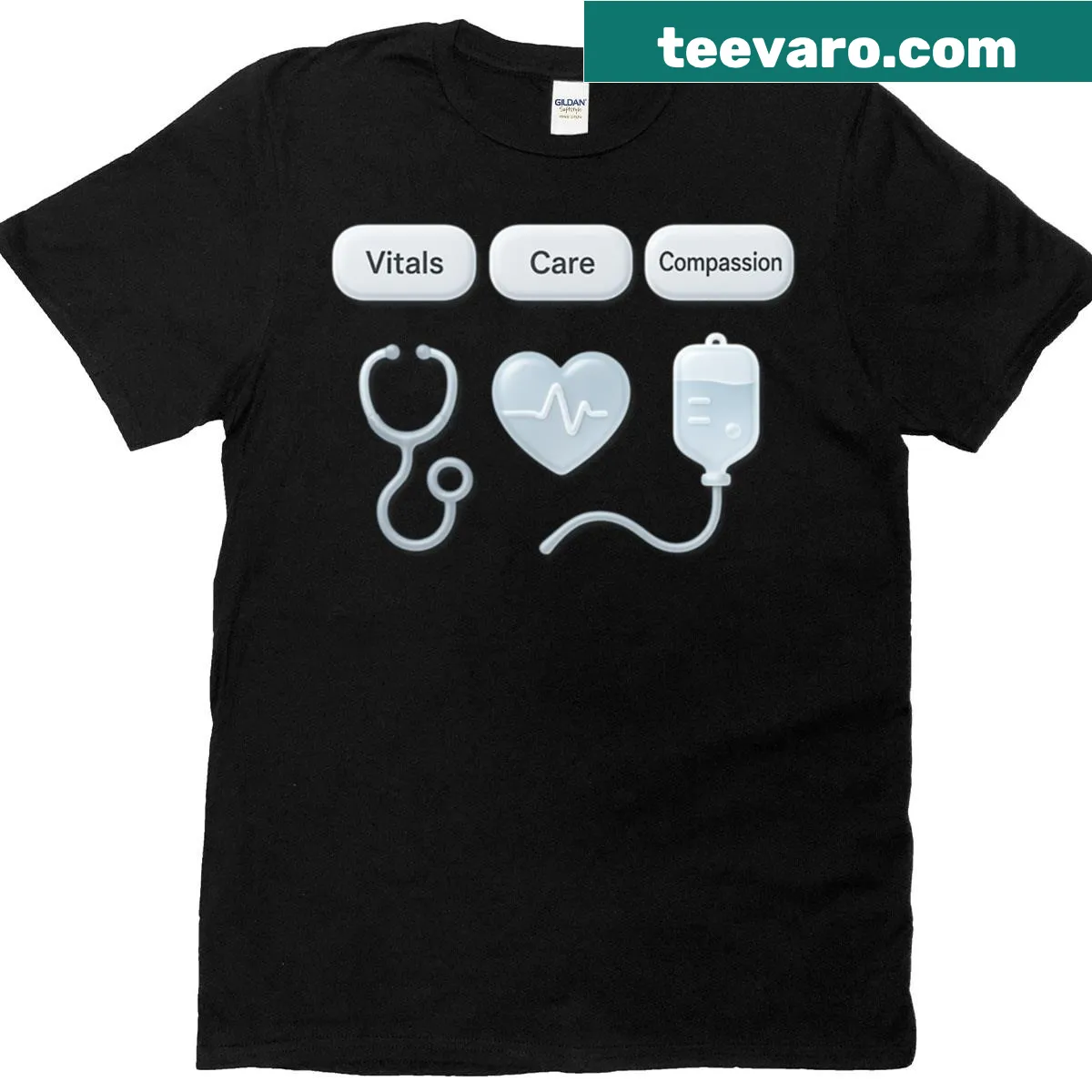 Typography t-shirt featuring 'Vitals Care Compassion' — on a men's t-shirt
