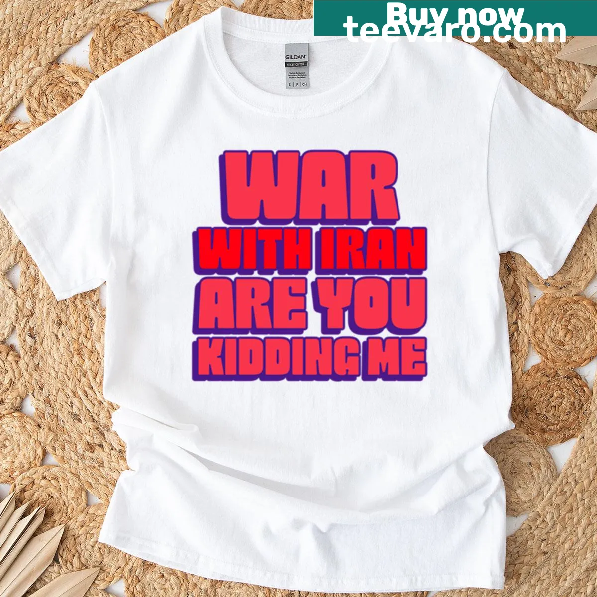 Bold t-shirt with the phrase 'War With Iran Are You Kidding Me?' — on a men's t-shirt