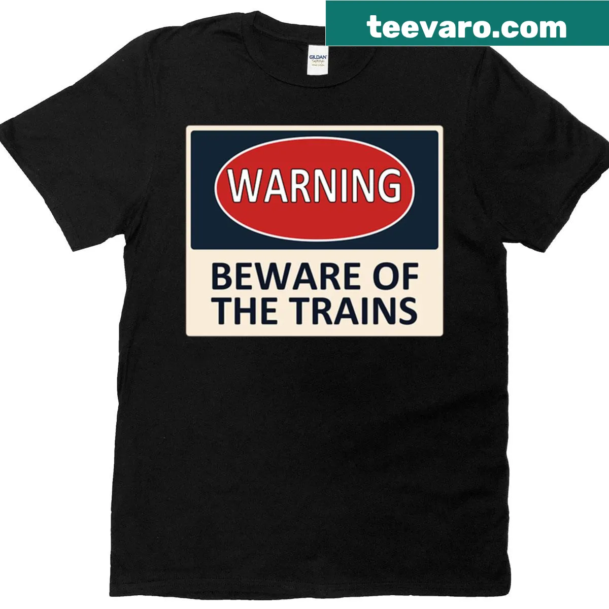 Humorous T-shirt with a warning about trains in bold text. — on a men's t-shirt