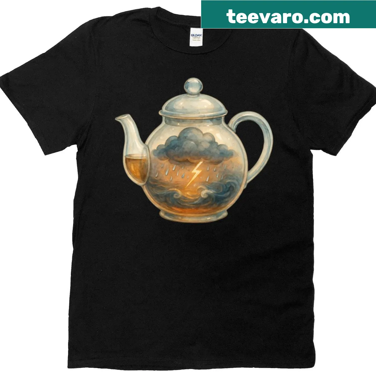 Abstract watercolor design featuring 'Tempest In A Teapot' text — on a men's t-shirt