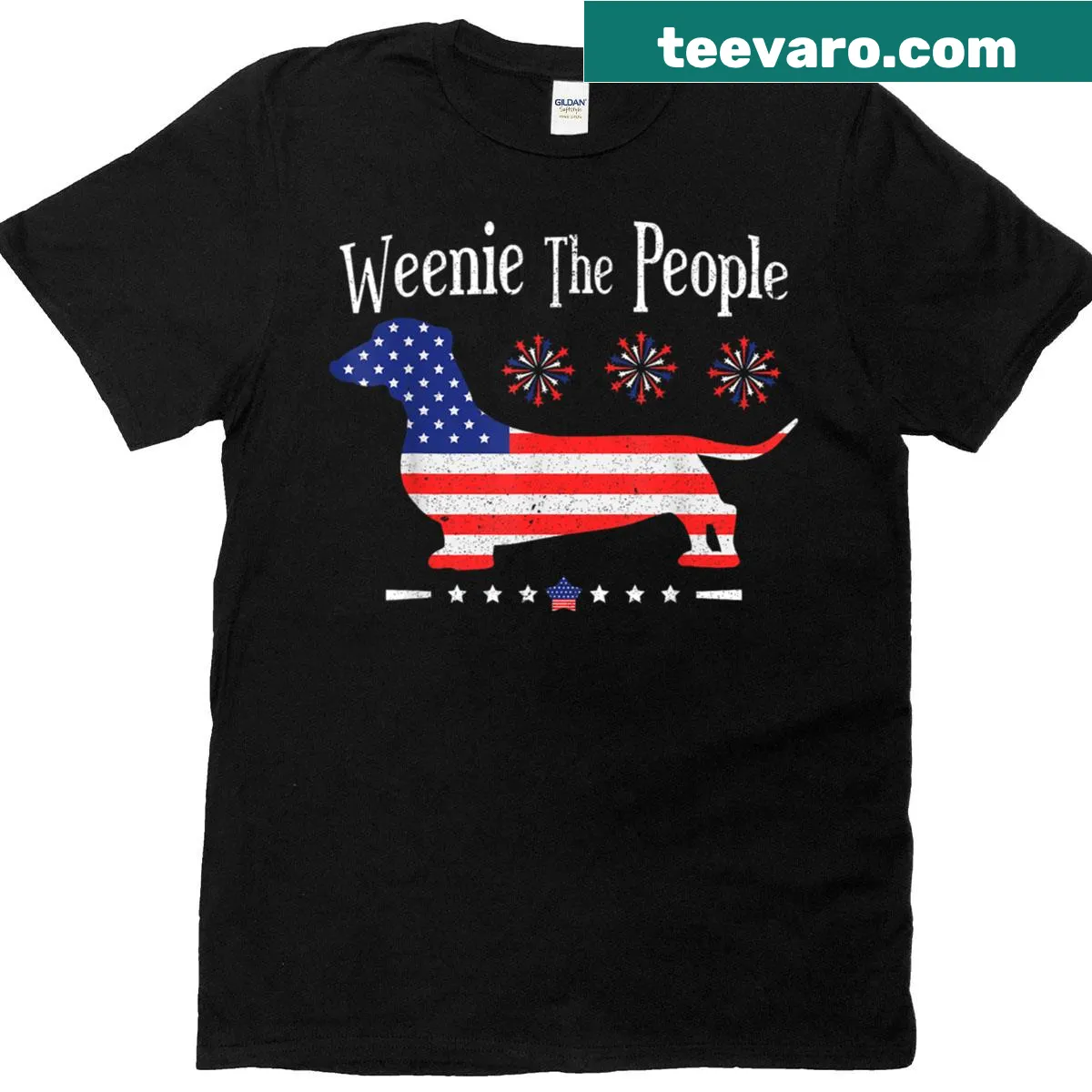 Funny dachshund T-shirt with American flag and 'Weenie The People' text — on a men's t-shirt