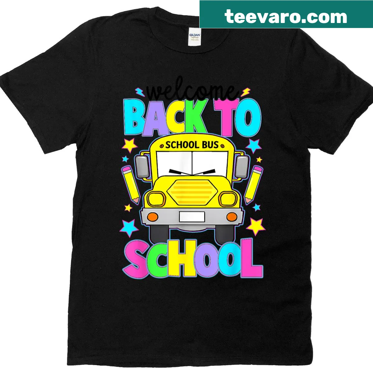 Playful T-shirt with 'Welcome Back To School Bus' text for students — on a men's t-shirt