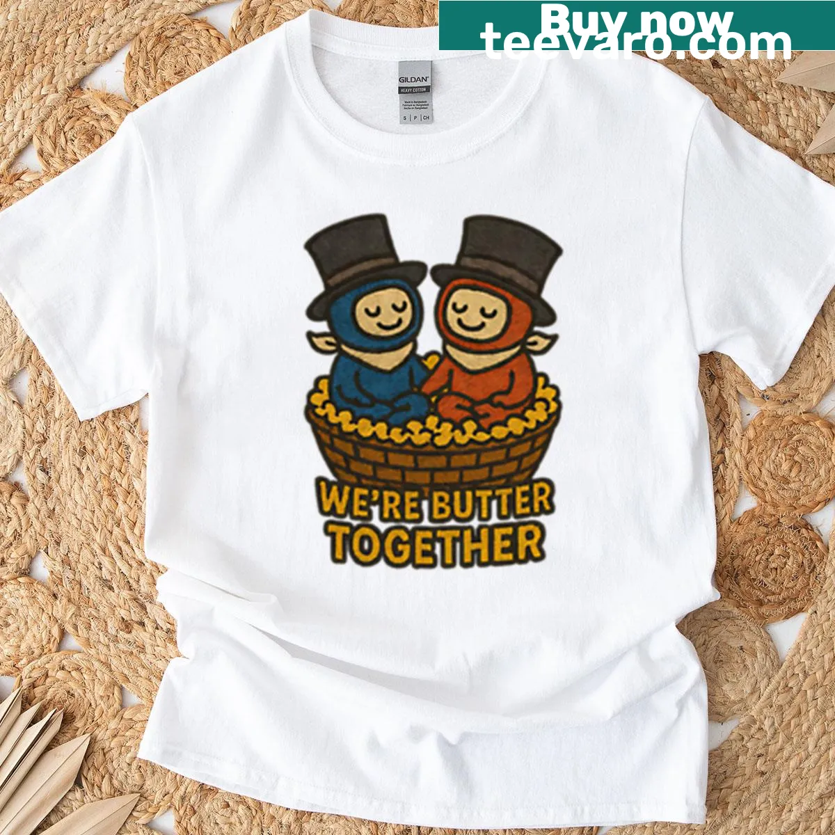 Cute popcorn couple illustration with 'We’re Butter Together' text — on a men's t-shirt