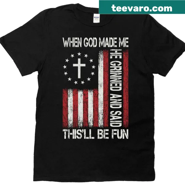 T-shirt featuring a cross and the phrase 'When God Made Me'