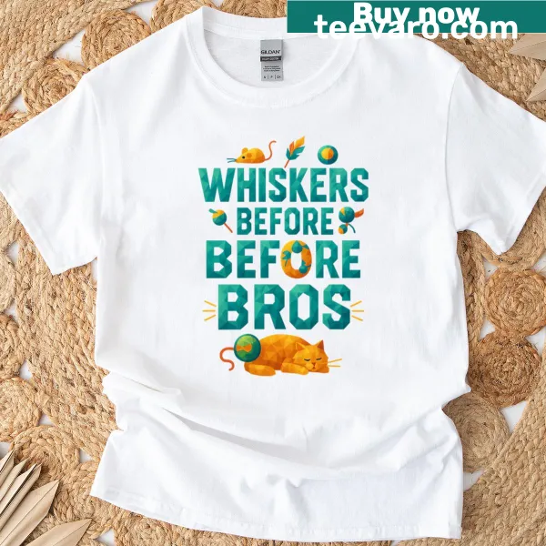Playful lettering 'Whiskers Before Bros' with low poly cat design