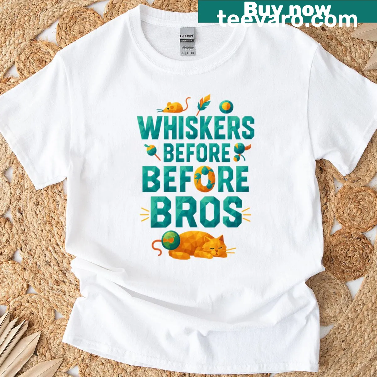 Playful lettering 'Whiskers Before Bros' with low poly cat design — on a men's t-shirt