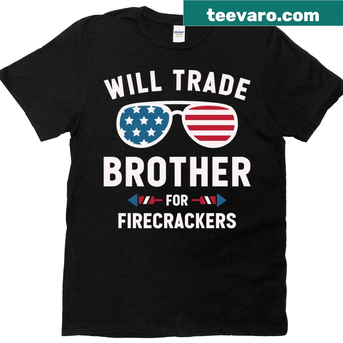Funny text t-shirt with a July 4th theme about trading a brother — on a men's t-shirt