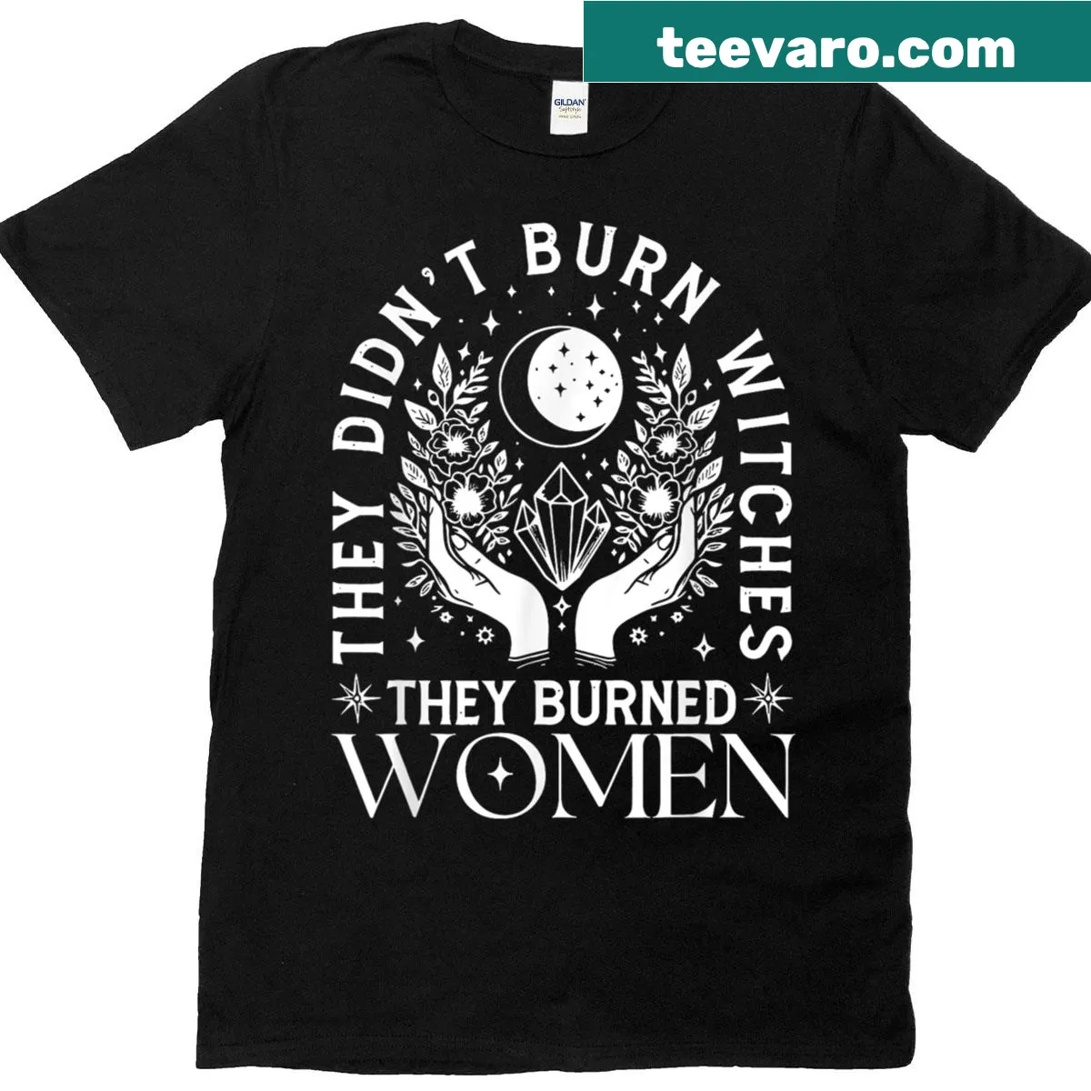 Typographic graphic about witches and women burned during history — on a men's t-shirt
