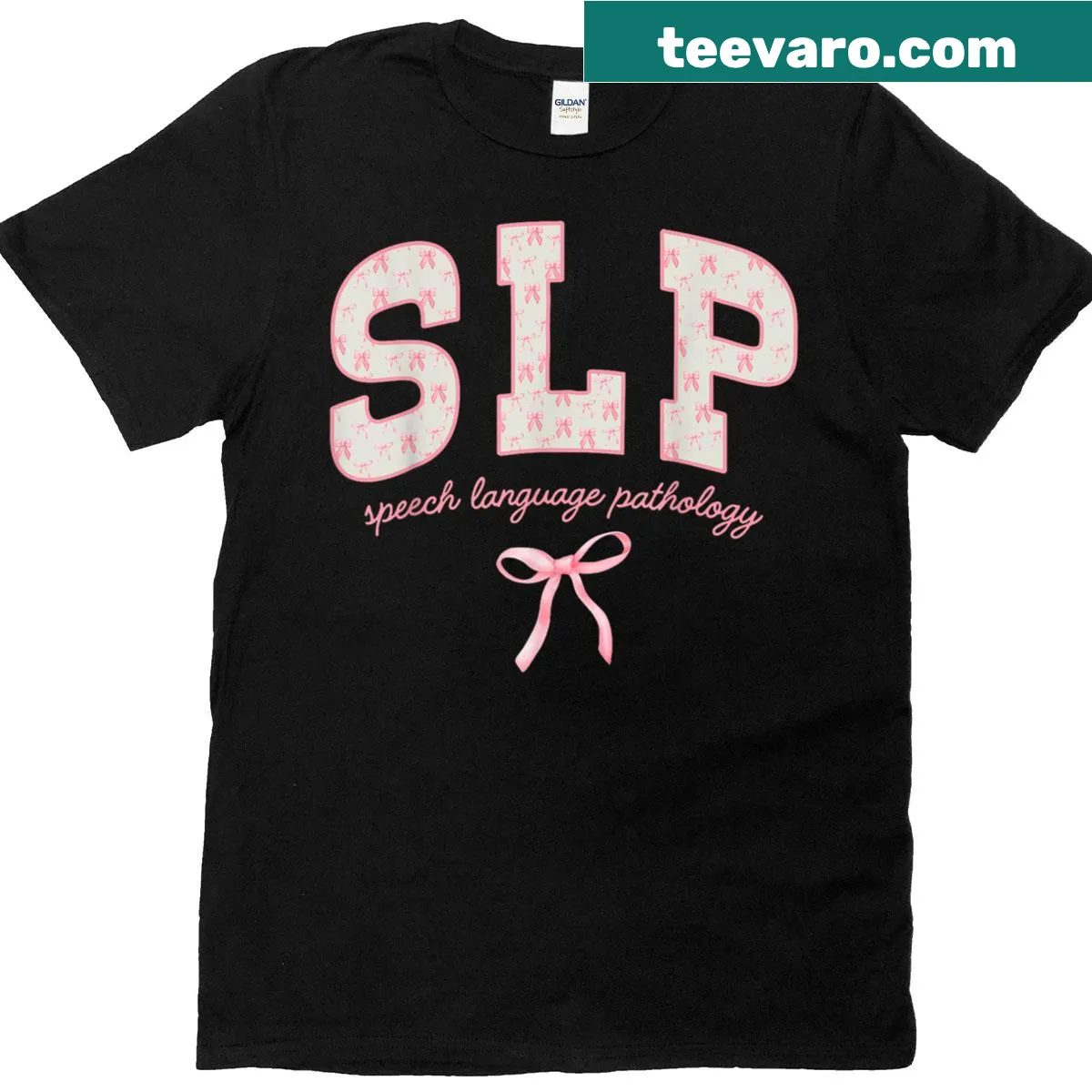 Girly t-shirt with SLP acronym and coquette bow design — on a men's t-shirt