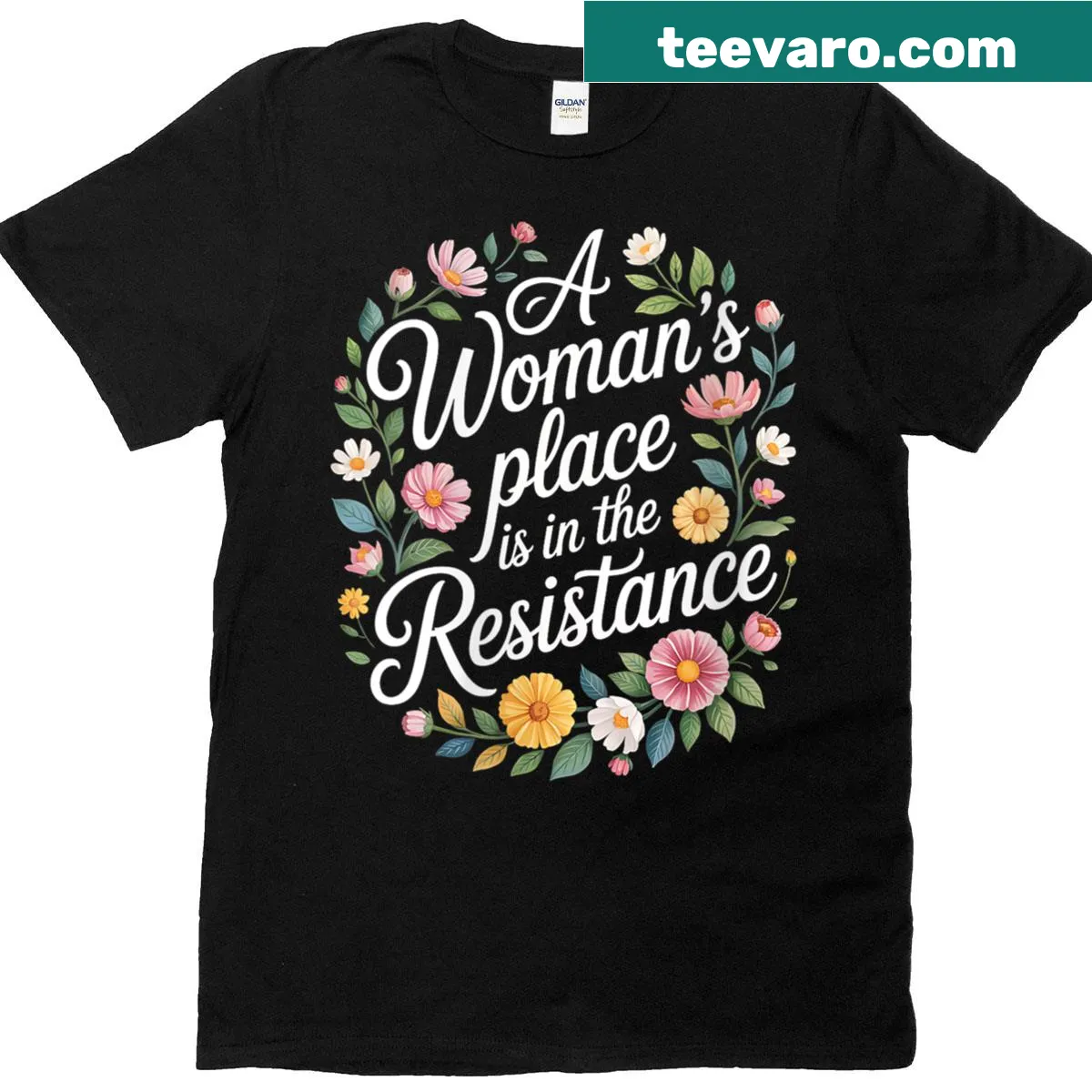 Political resistance shirt with the message about women's roles — on a men's t-shirt