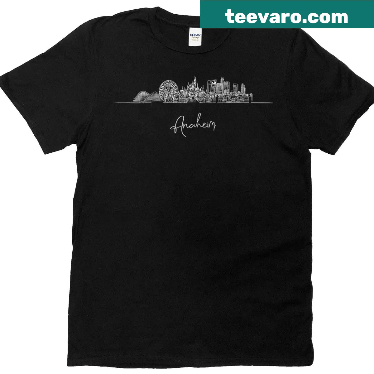 Anaheim California skyline graphic T-shirt for women — on a men's t-shirt