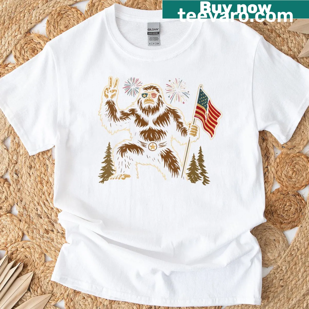 Bigfoot and American flag illustration on a t-shirt — on a men's t-shirt
