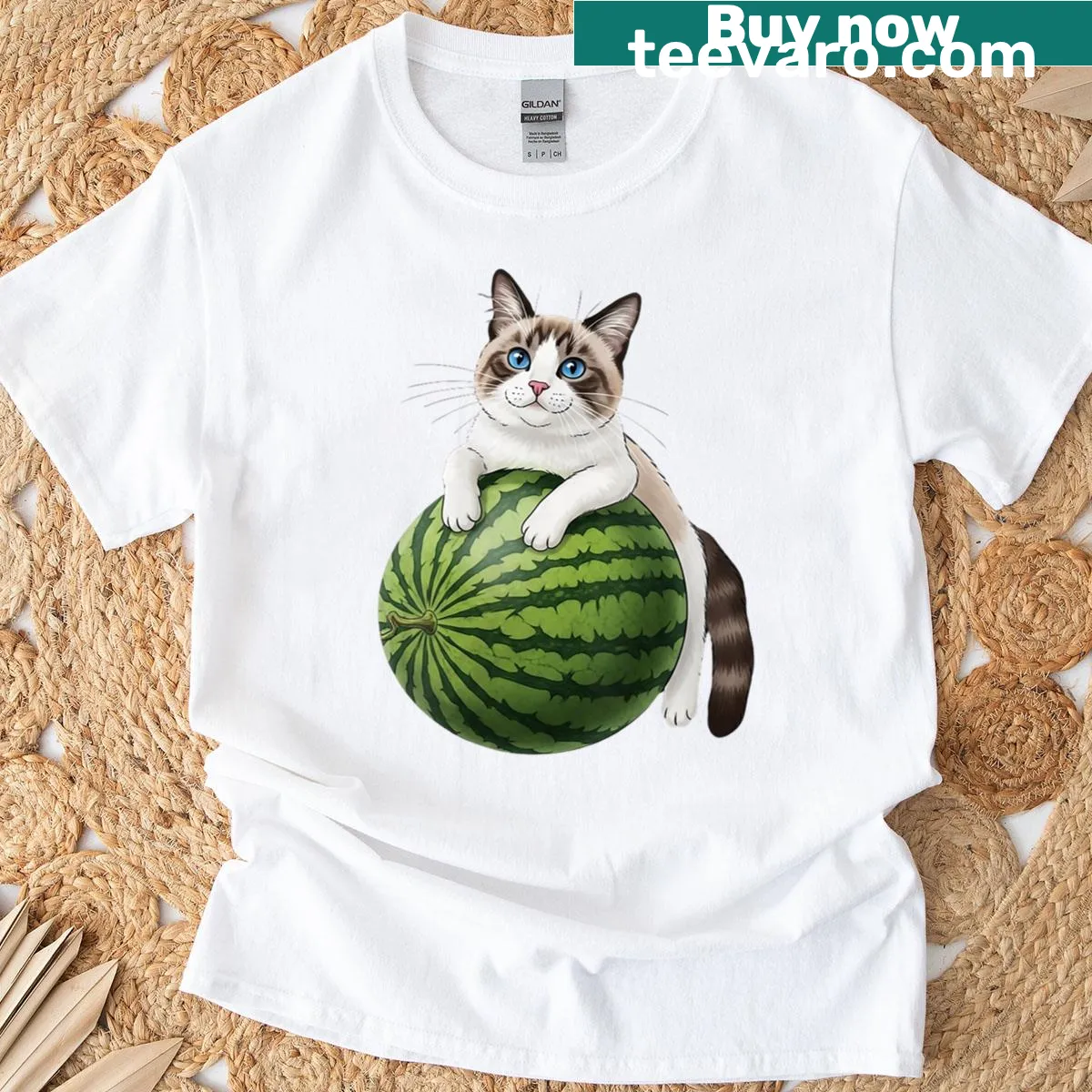 Cute watermelon cat graphic on a summer t-shirt — on a men's t-shirt